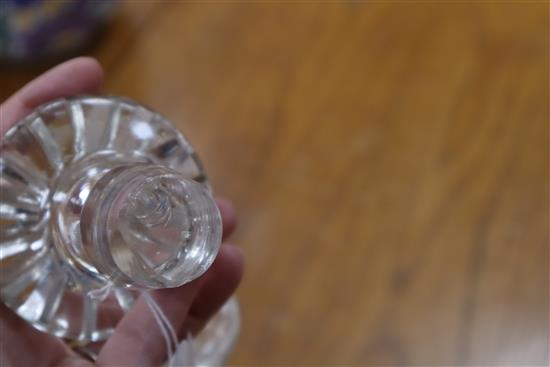 A set of five Stourbridge cut glass wine glasses and a pair of decanters, one lacking a stopper (3)